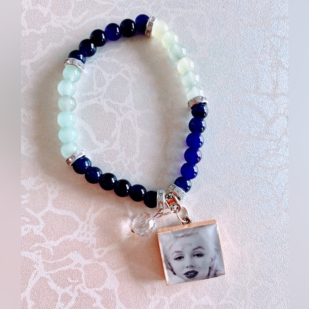 Blue and White Beaded Bracelet with Marilyn Monroe Scabble tile Charm